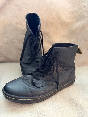 Dr. Martens Black Leather Lace-Up Combat Boots with Yellow Stitching